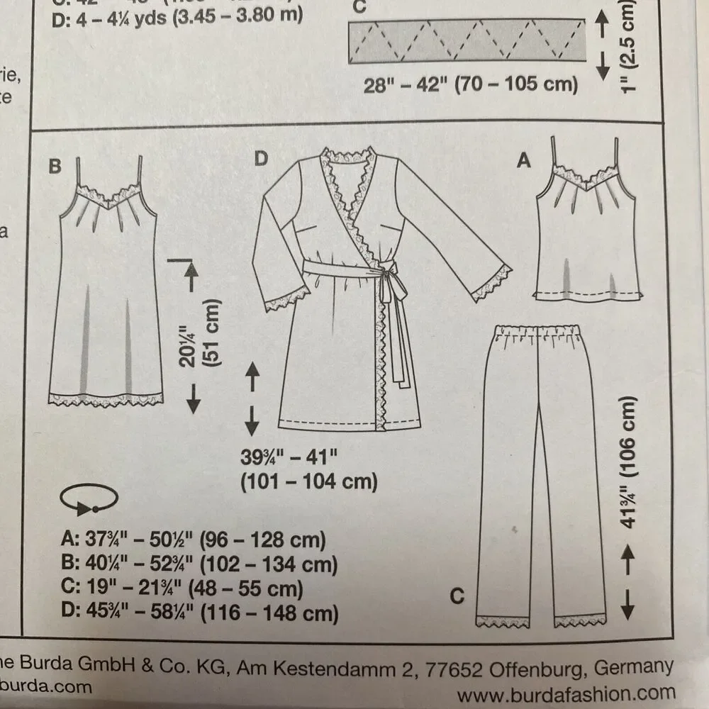 Burda Sewing Pattern #7627 Lingerie Camisole Nightdress Robe Pants 10-24 UNCUT